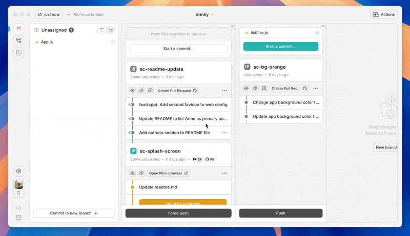 Splitting commits by adding an empty commit and dragging changes into it